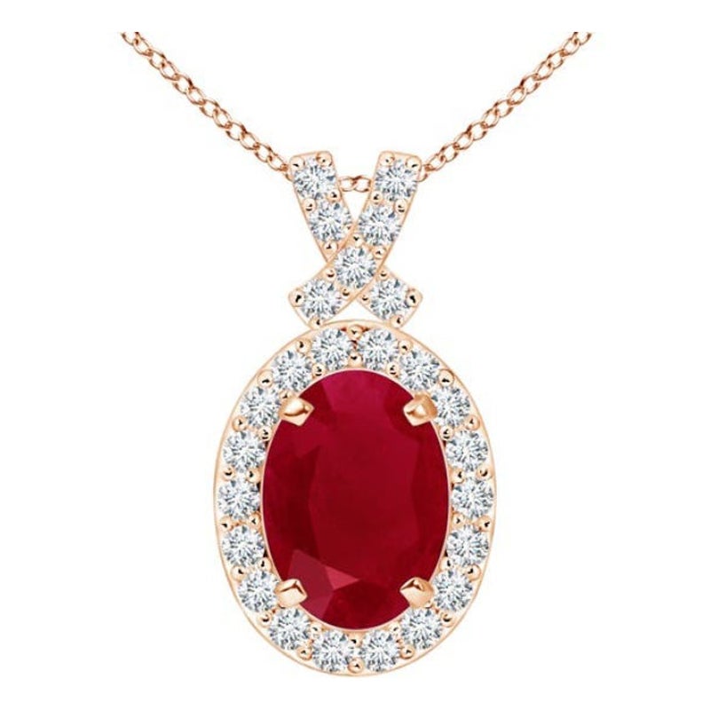 ANGARA Colgante de rubí natural de 1 ct con halo de diamantes en oro rosa de 14 quilates