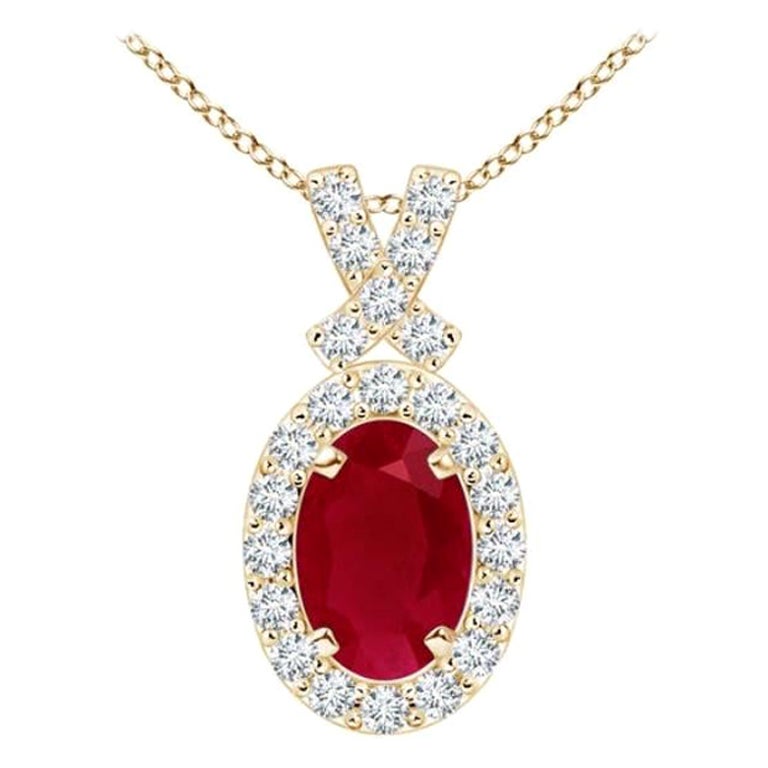 ANGARA Pendentif en or jaune 14 carats avec rubis naturel de 0,60 carat et halo de diamants