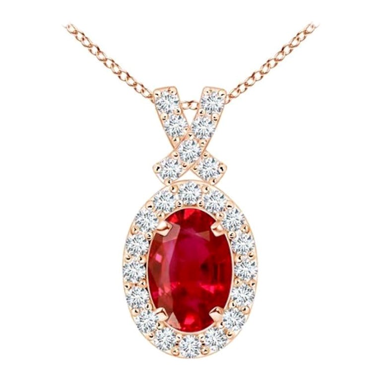ANGARA Natural 0.60ct Ruby Pendant with Diamond Halo in 14K Rose Gold For Sale