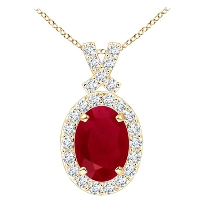 ANGARA Natural 1ct Ruby Pendant with Diamond Halo in 14K Yellow Gold