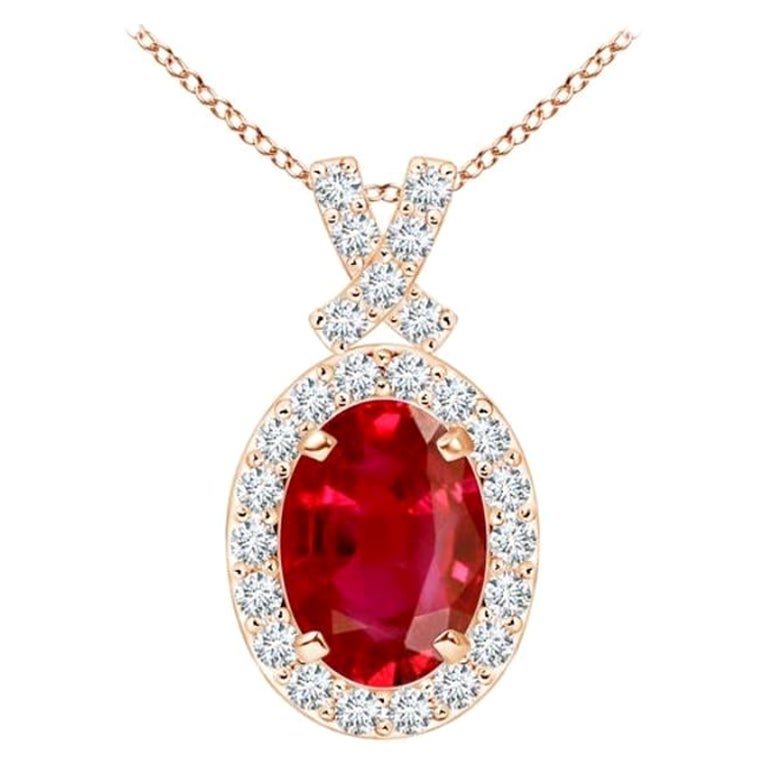 ANGARA Natural 1ct Ruby Pendant with Diamond Halo in 14K Rose Gold For Sale