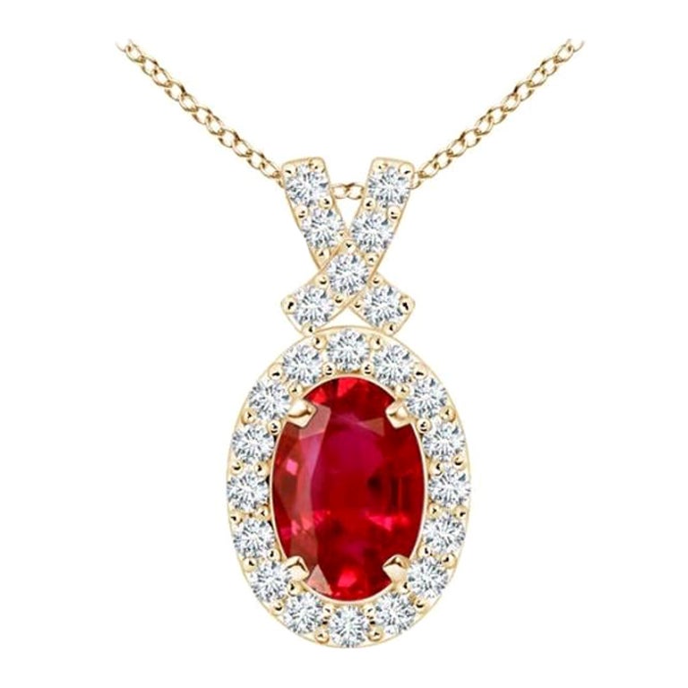 ANGARA Natural 0.60ct Ruby Pendant with Diamond Halo in 14K Yellow Gold For Sale
