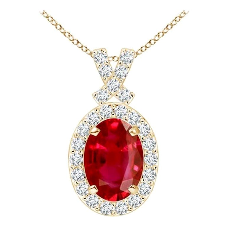 ANGARA Natural 1ct Ruby Pendant with Diamond Halo in 14K Yellow Gold For Sale