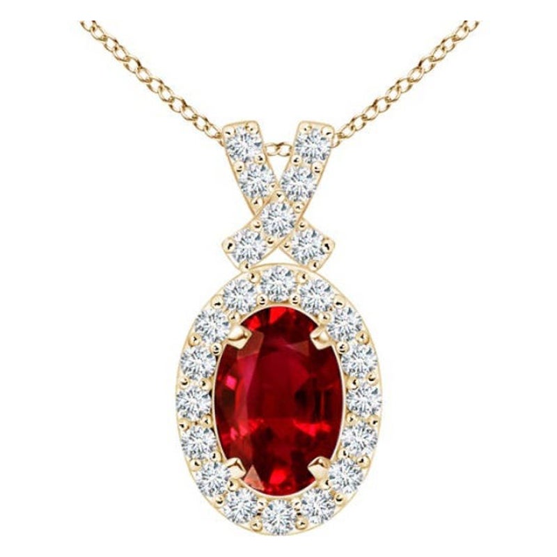 ANGARA Natural 0.60ct Ruby Pendant with Diamond Halo in 14K Yellow Gold
