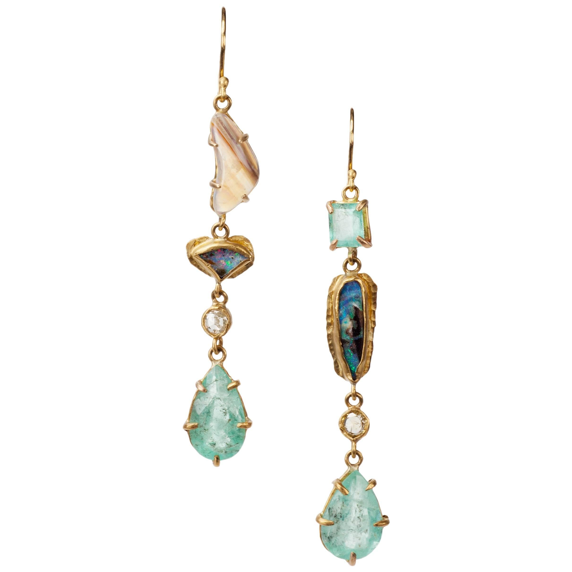 Margery Hirschey Boulder Opal and Emerald 22-Karat Gold Drop Earrings For Sale