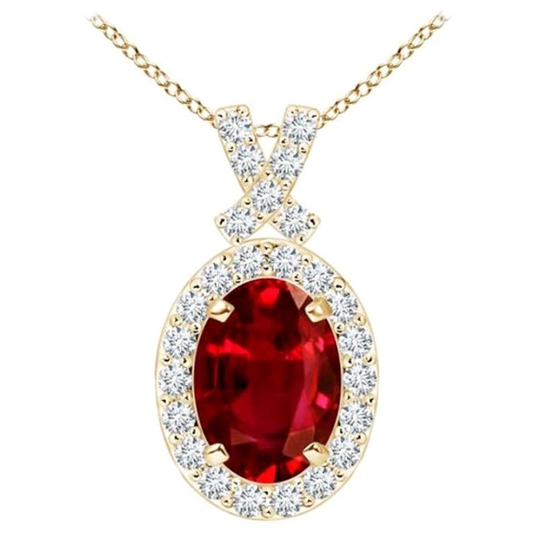 ANGARA Natural 1ct Ruby Pendant with Diamond Halo in 14K Yellow Gold For Sale