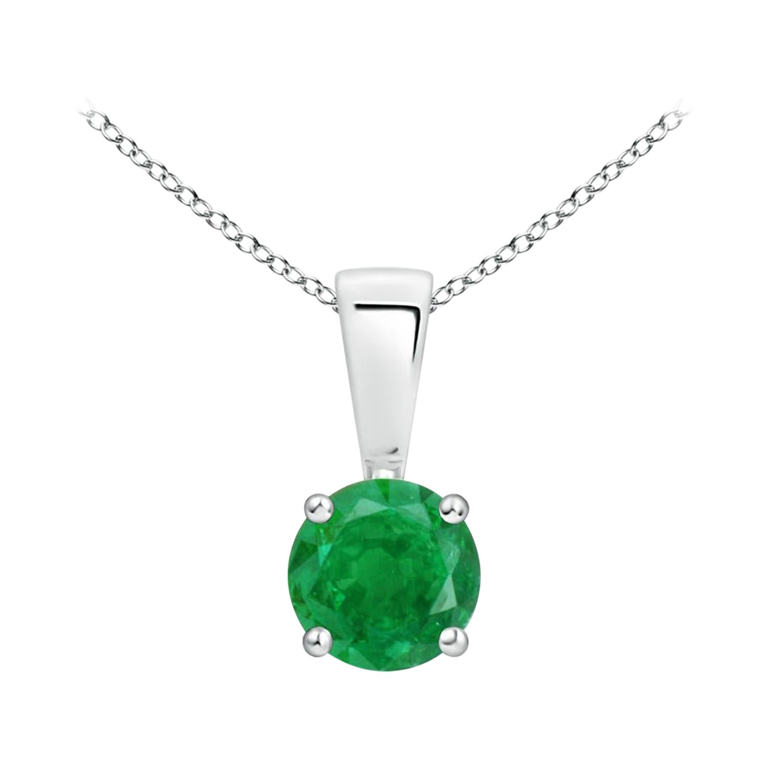 Natural Classic Round Emerald Solitaire Pendant in Platinum (Size-4mm) For Sale