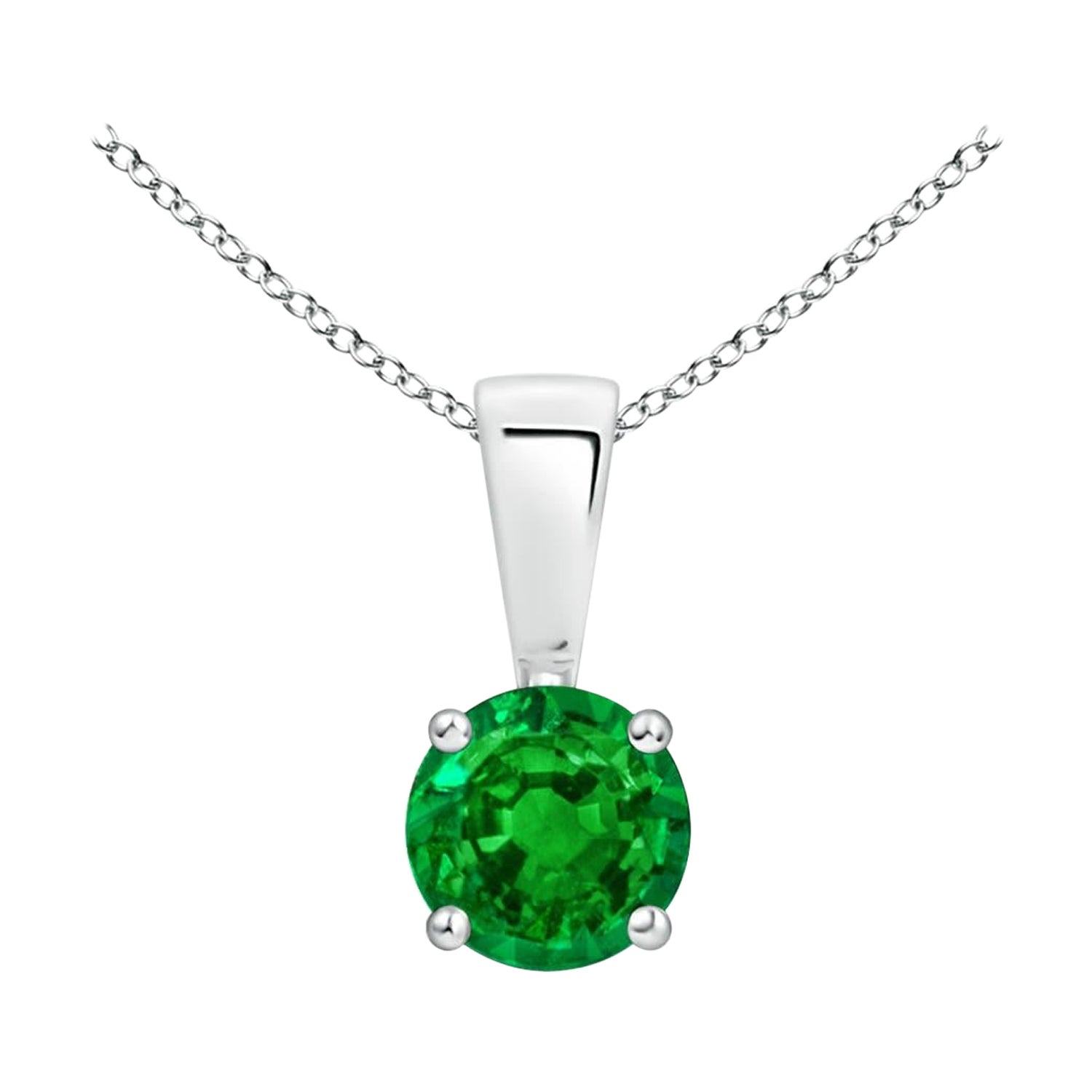 Natural Classic Round Emerald Solitaire Pendant in Platinum (Size-4mm) For Sale