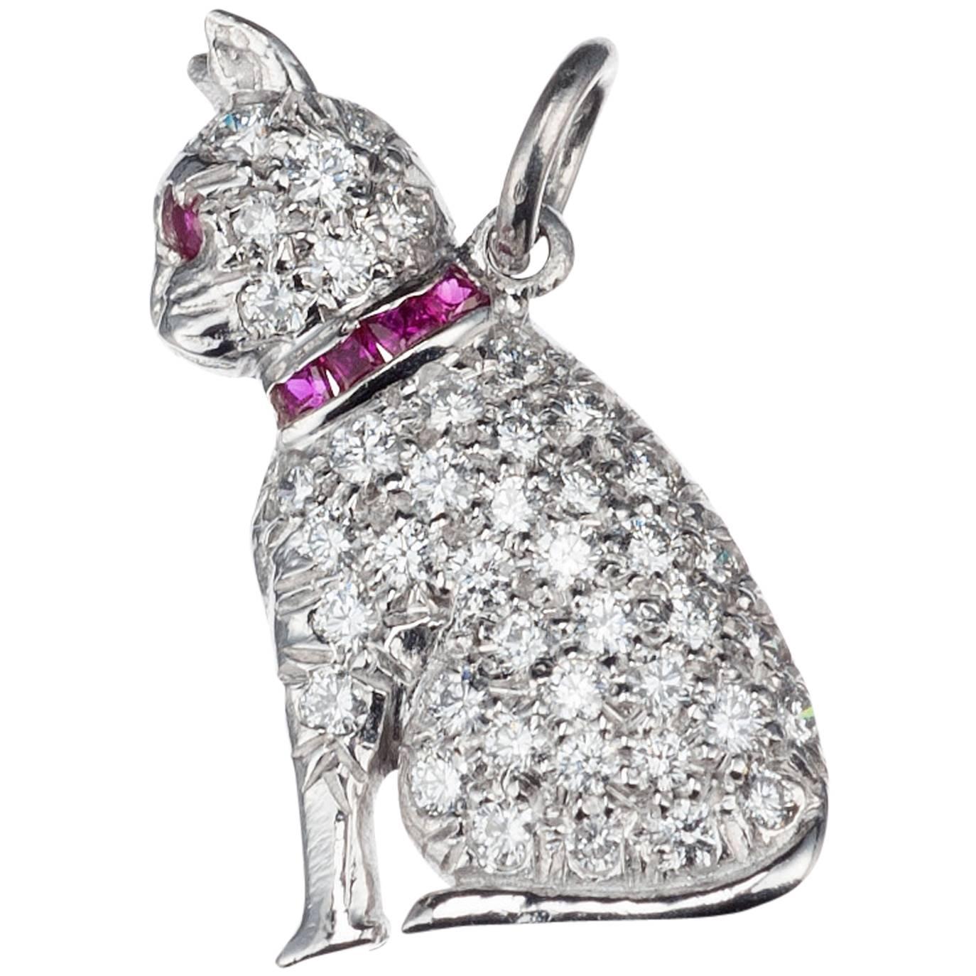 Cat Charm with Rubies and Diamonds in Platinum For Sale