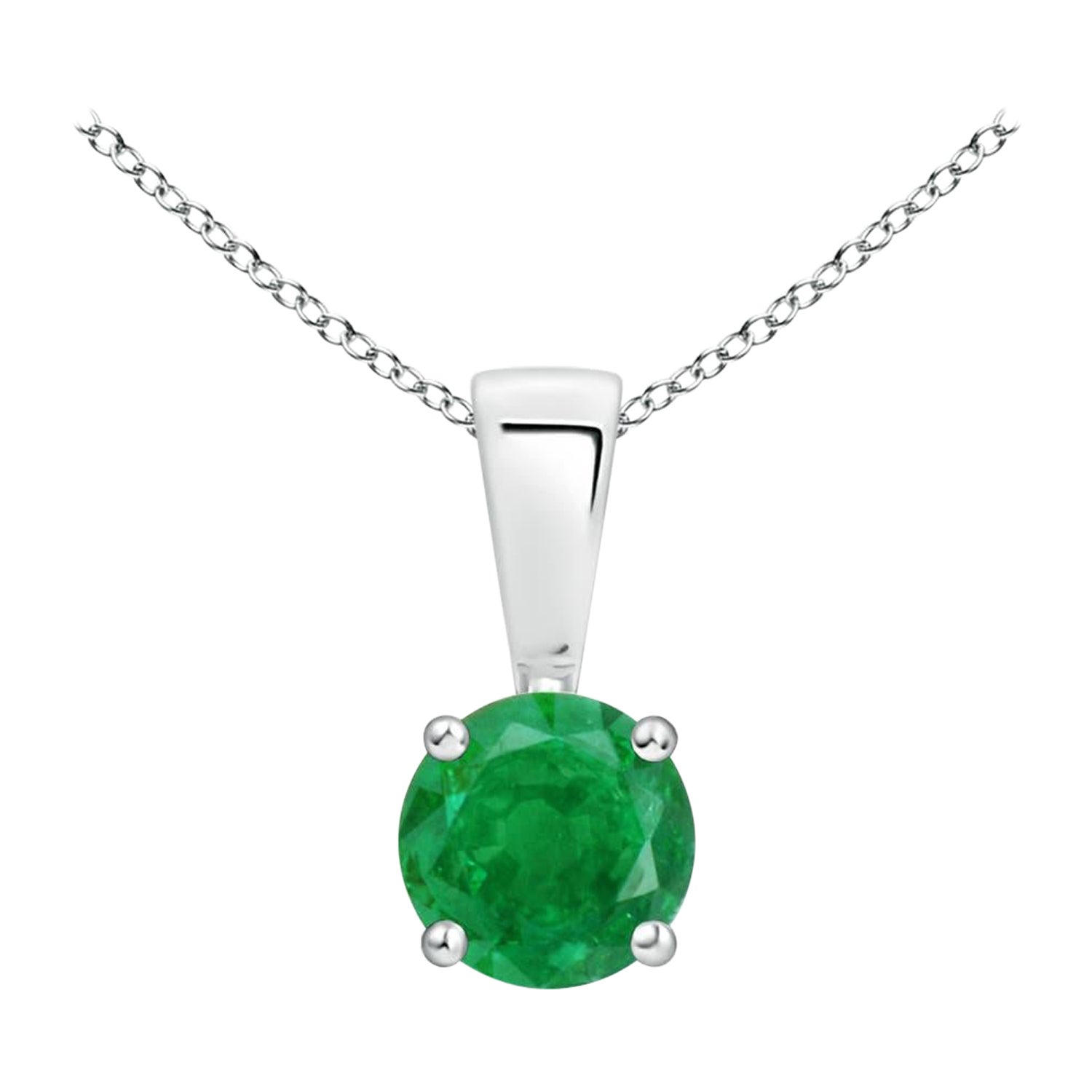 Natural Classic Round Emerald Solitaire Pendant in White Gold (Size-4mm) For Sale