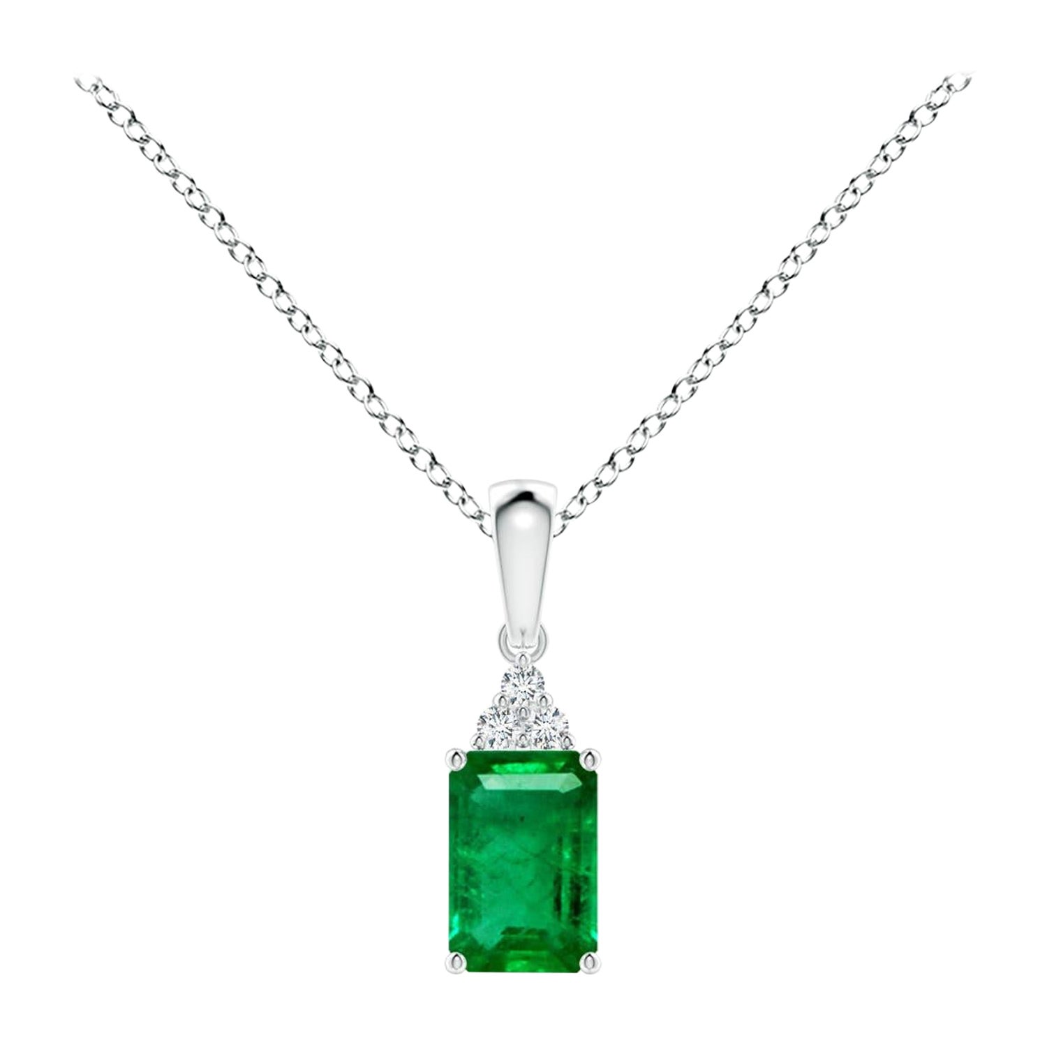 Natural Emerald-Cut Emerald Pendant with Diamond in Platinum (Size-6x4mm) For Sale