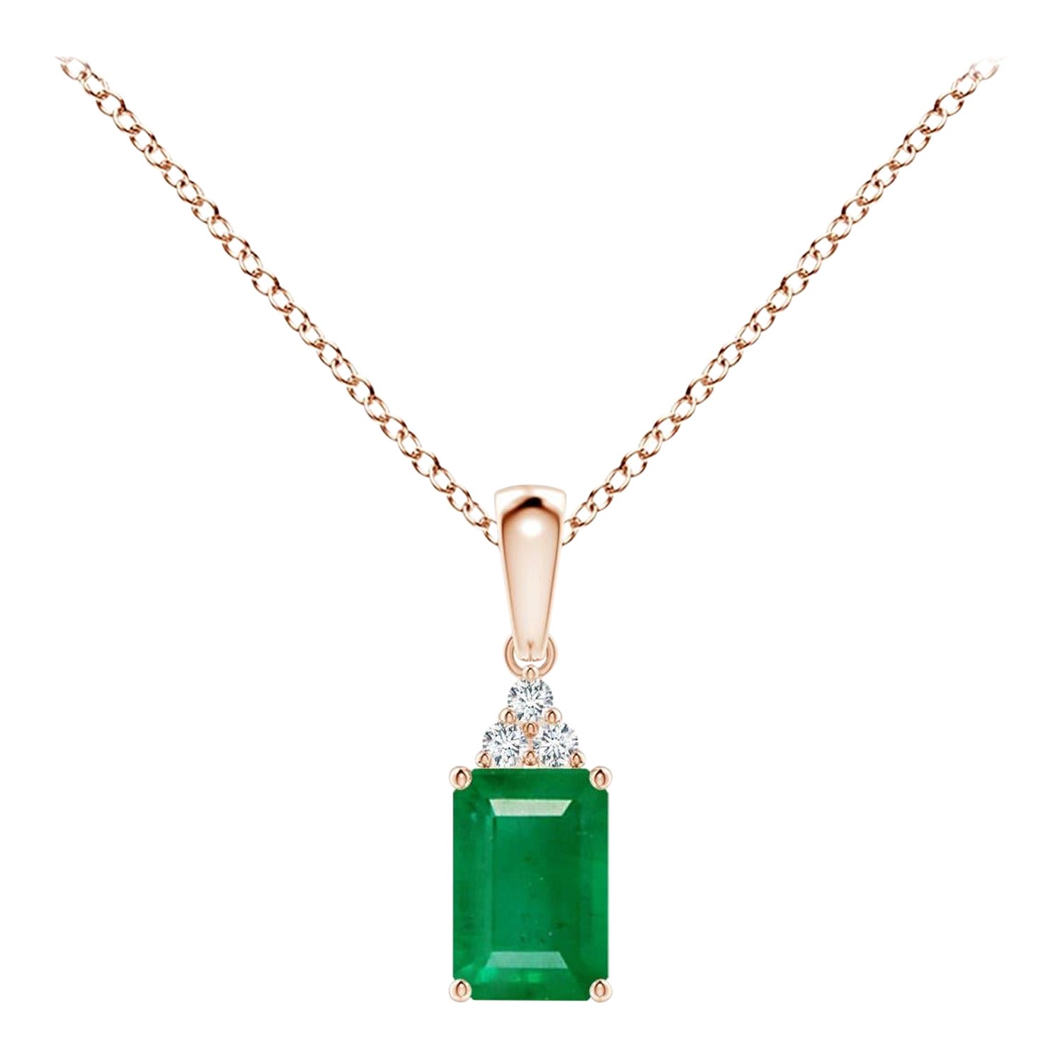 Natural Emerald-Cut Emerald Pendant with Diamond in Rose Gold Size-6x4mm For Sale