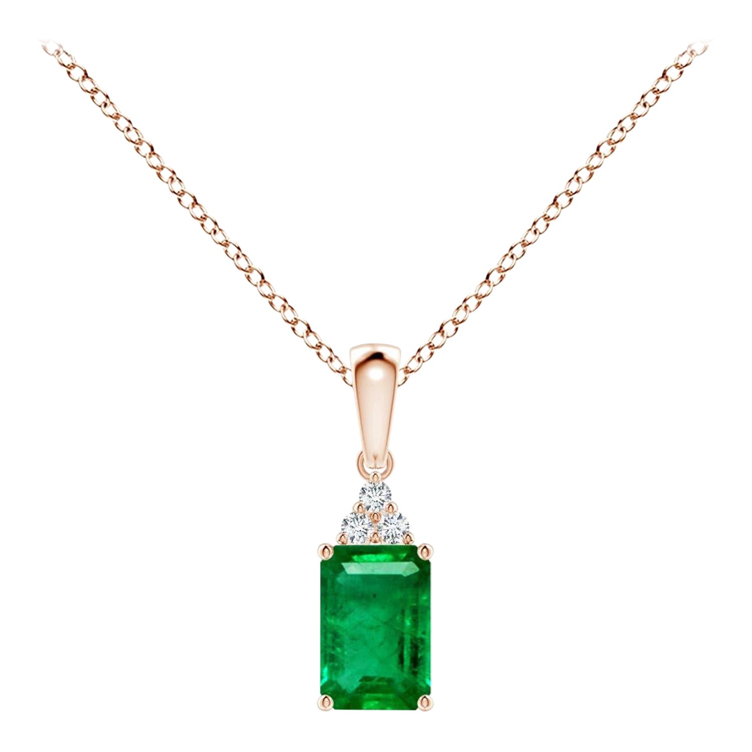 Natural Emerald-Cut Emerald Pendant with Diamond in Rose Gold Size-6x4mm