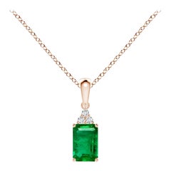 Natural Emerald-Cut Emerald Pendant with Diamond in Rose Gold Size-6x4mm
