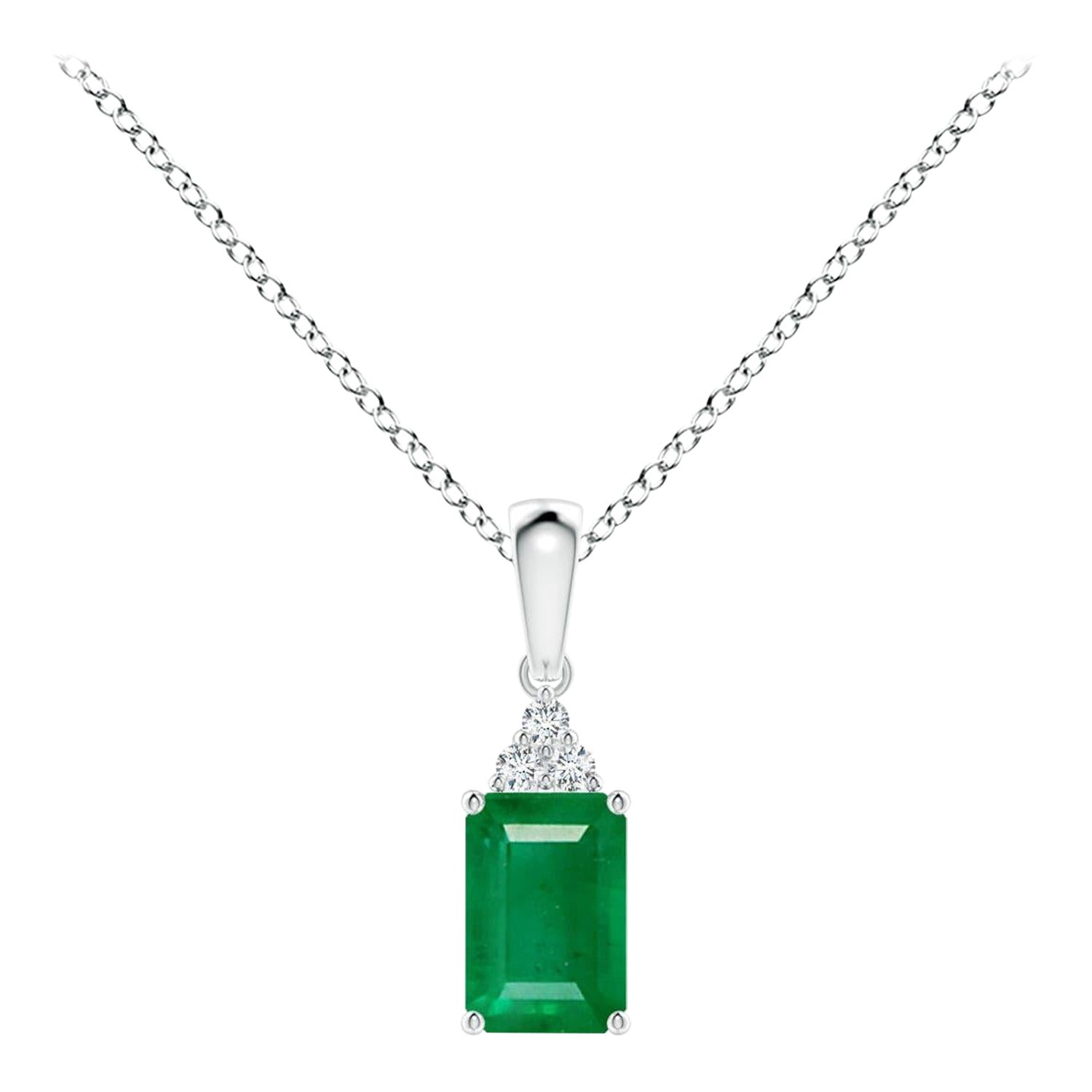 Natural Emerald-Cut Emerald Pendant with Diamond in Platinum (Size-6x4mm) For Sale