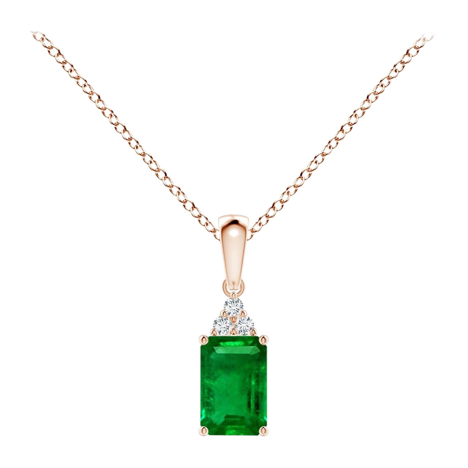 Natural Emerald-Cut Emerald Pendant with Diamond in Rose Gold Size-6x4mm For Sale