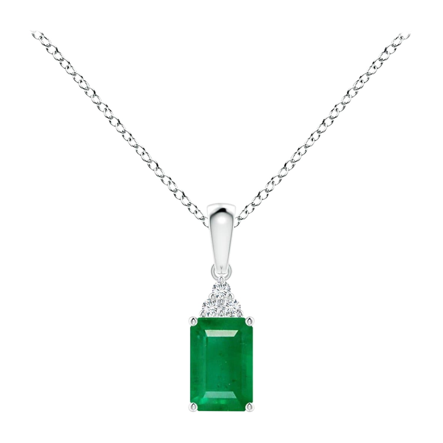Natural Emerald-Cut Emerald Pendant with Diamond in White Gold Size-6x4mm For Sale
