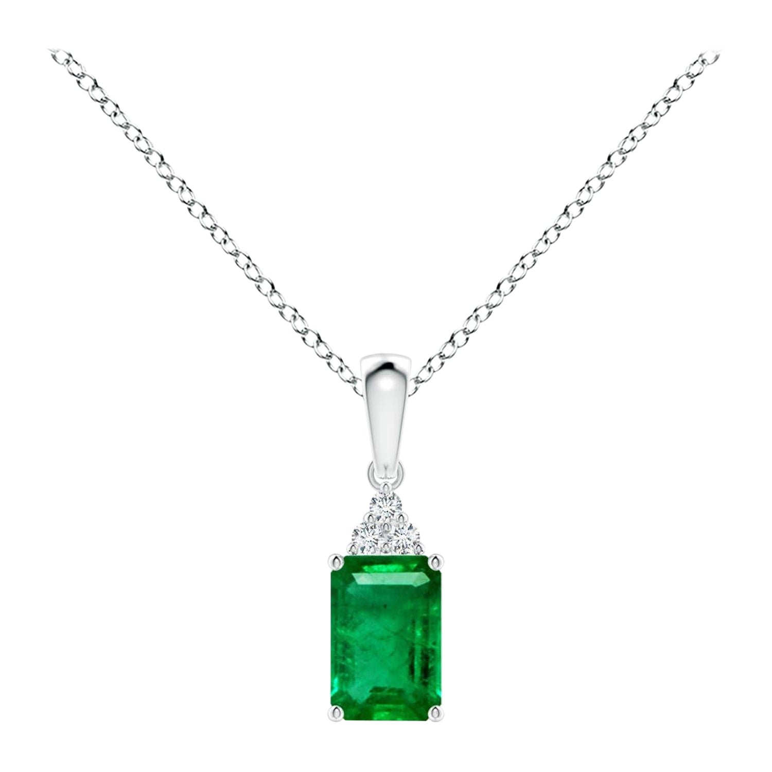 Natural Emerald-Cut Emerald Pendant with Diamond in White Gold Size-6x4mm For Sale