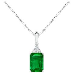 Natural Emerald-Cut Emerald Pendant with Diamond in White Gold Size-7x5mm