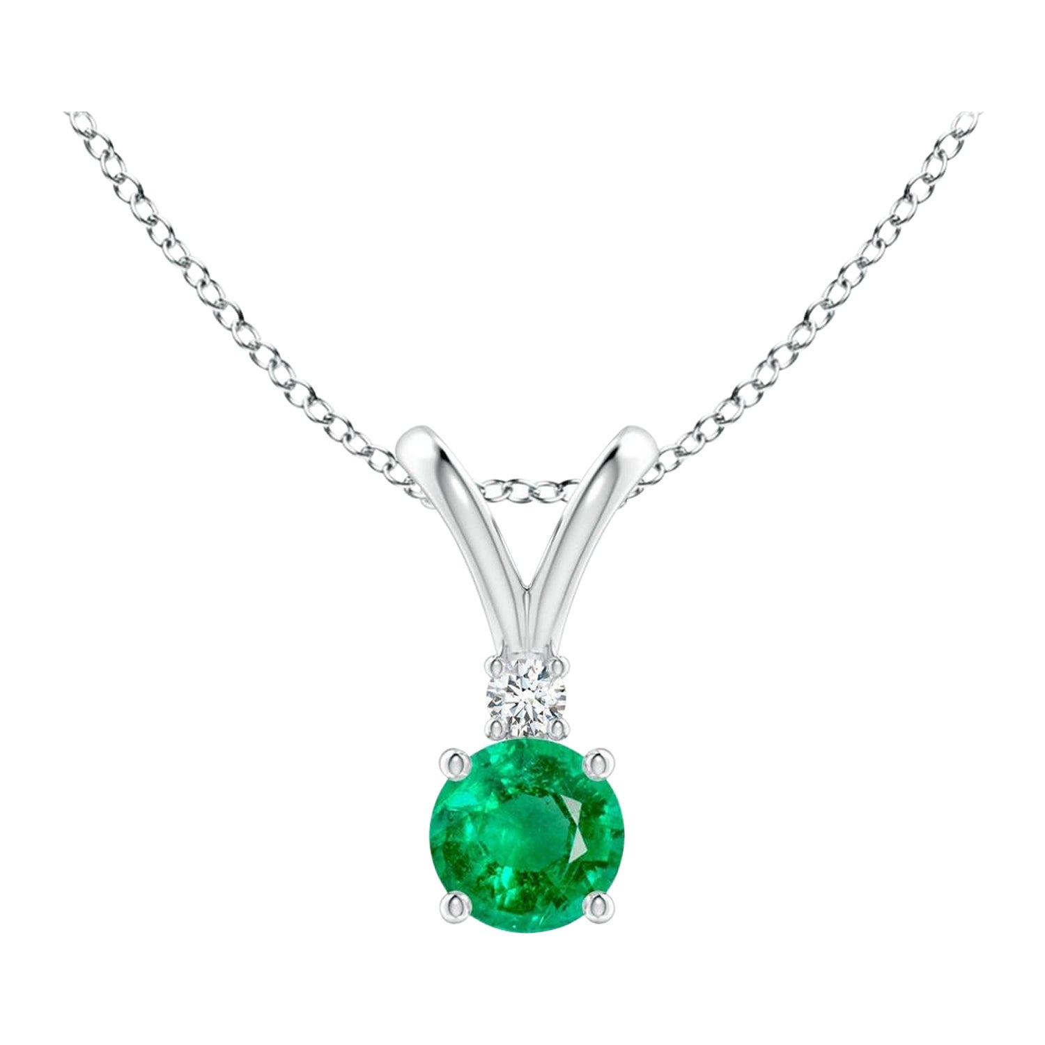 ANGARA Natural Round 0.24ct Emerald Solitaire Pendant with Diamond in Platinum For Sale