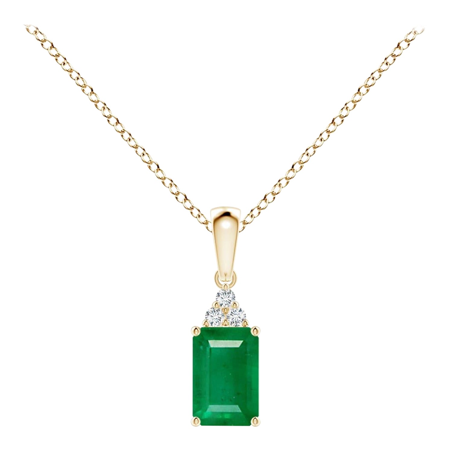 Natural Emerald-Cut Emerald Pendant with Diamond in YellowGold Size-6x4mm For Sale