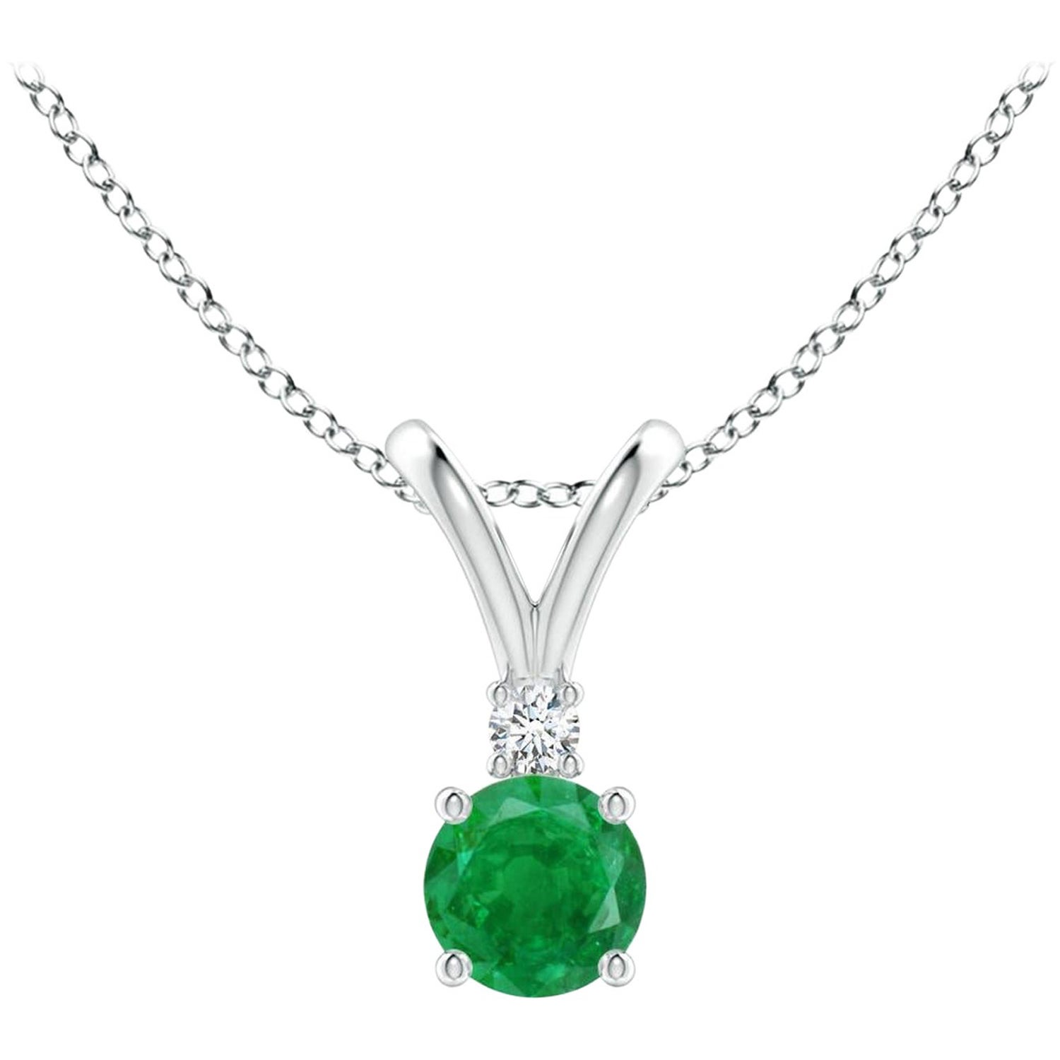 Natural Round 0.24ct Emerald Solitaire Pendant with Diamond in 14K White Gold
