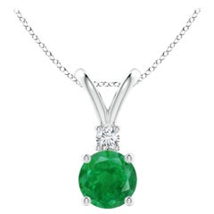 Pendentif solitaire en or blanc 14 carats avec émeraude ronde naturelle de 0,75 carat et diamants
