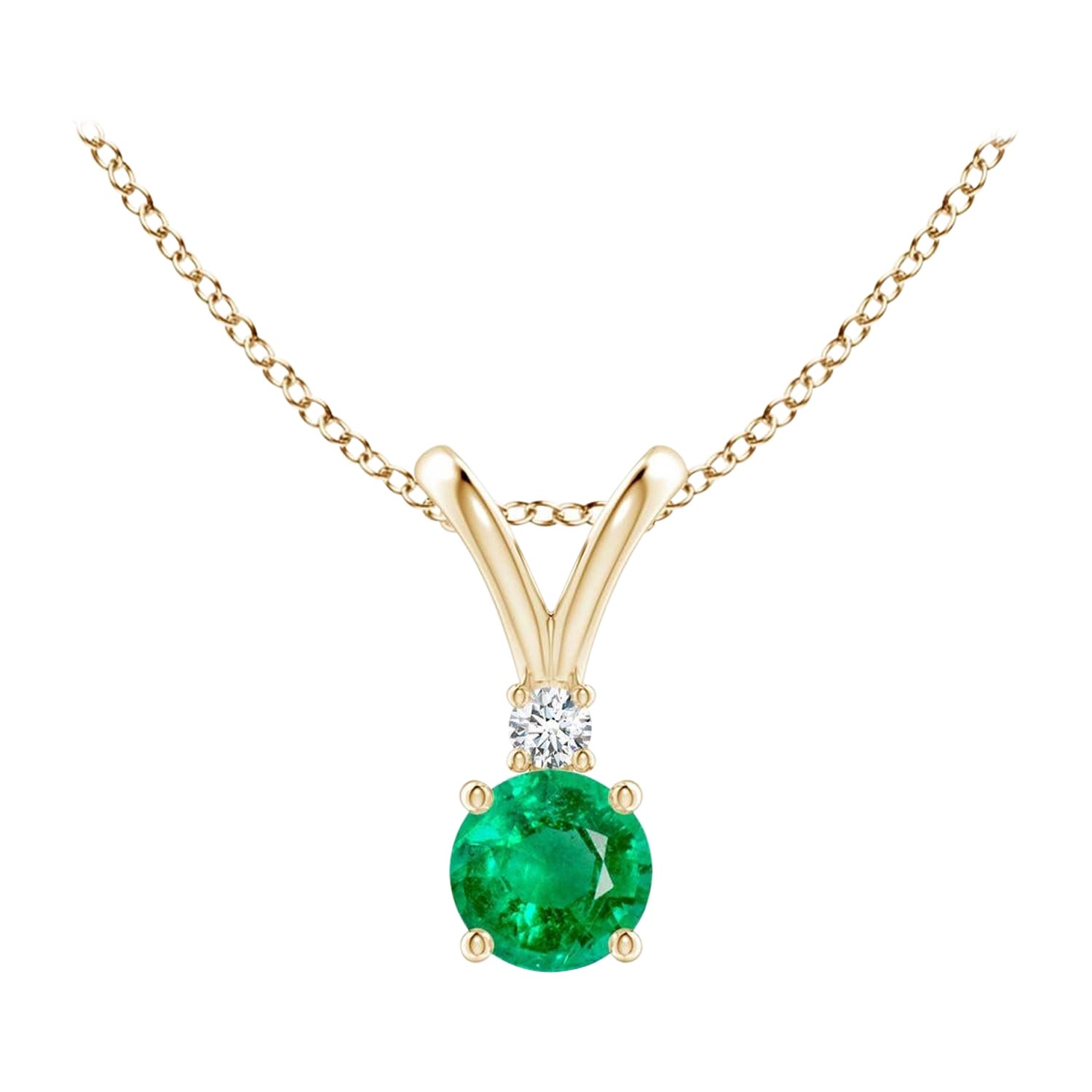 Natural Round 0.24ct Emerald Solitaire Pendant with Diamond in 14K Yellow Gold For Sale