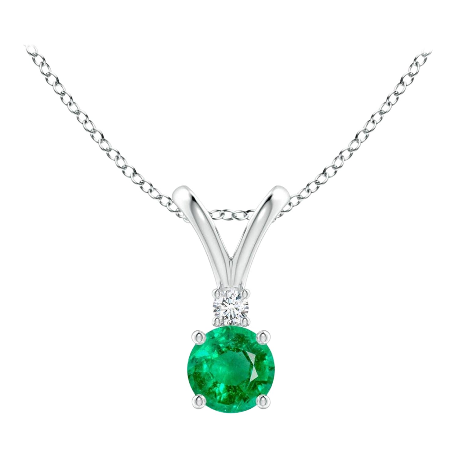Natural Round 0.24ct Emerald Solitaire Pendant with Diamond in 14K White Gold For Sale