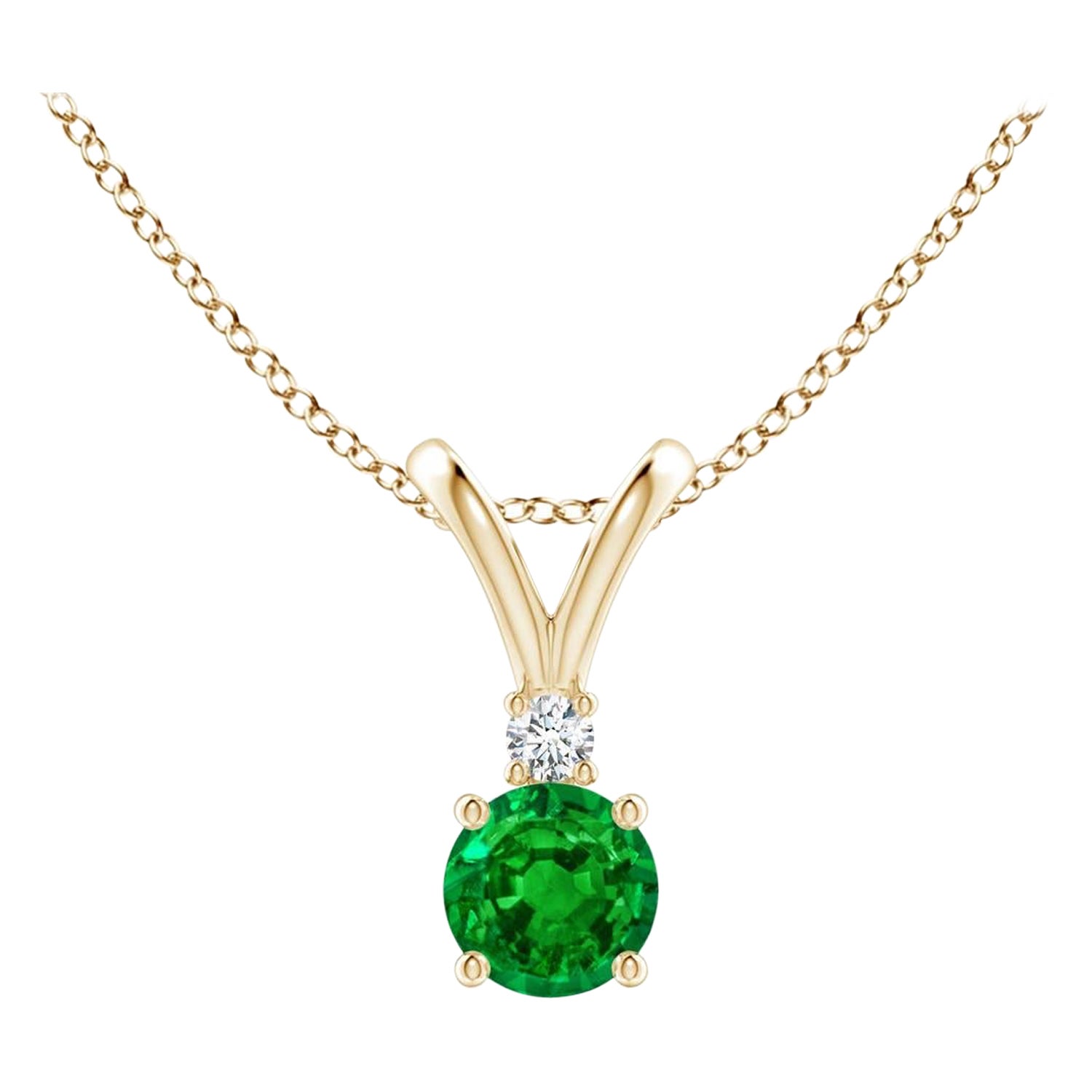 Natural Round 0.24ct Emerald Solitaire Pendant with Diamond in 14K Yellow Gold For Sale