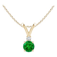 Natural Round 0.24ct Emerald Solitaire Pendant with Diamond in 14K Yellow Gold