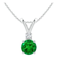 Pendentif solitaire en or blanc 14 carats avec émeraude ronde naturelle de 0,75 carat et diamants
