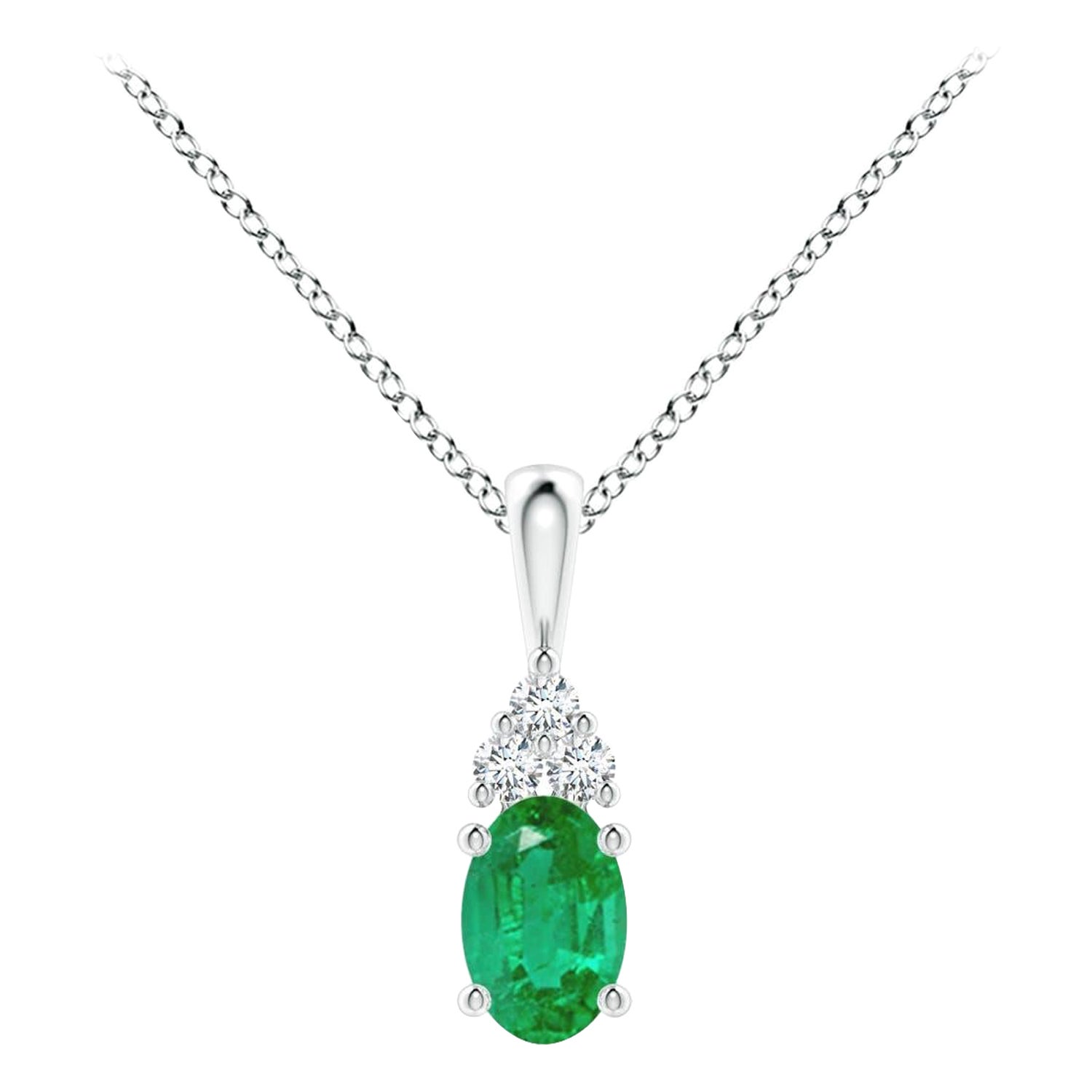 Natural Emerald Solitaire Pendant with Diamond in Platinum Size-6x4mm