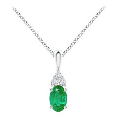 Natural Emerald Solitaire Pendant with Diamond in Platinum Size-6x4mm