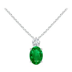 Natural Emerald Solitaire Pendant with Diamond in Platinum Size-7x5mm