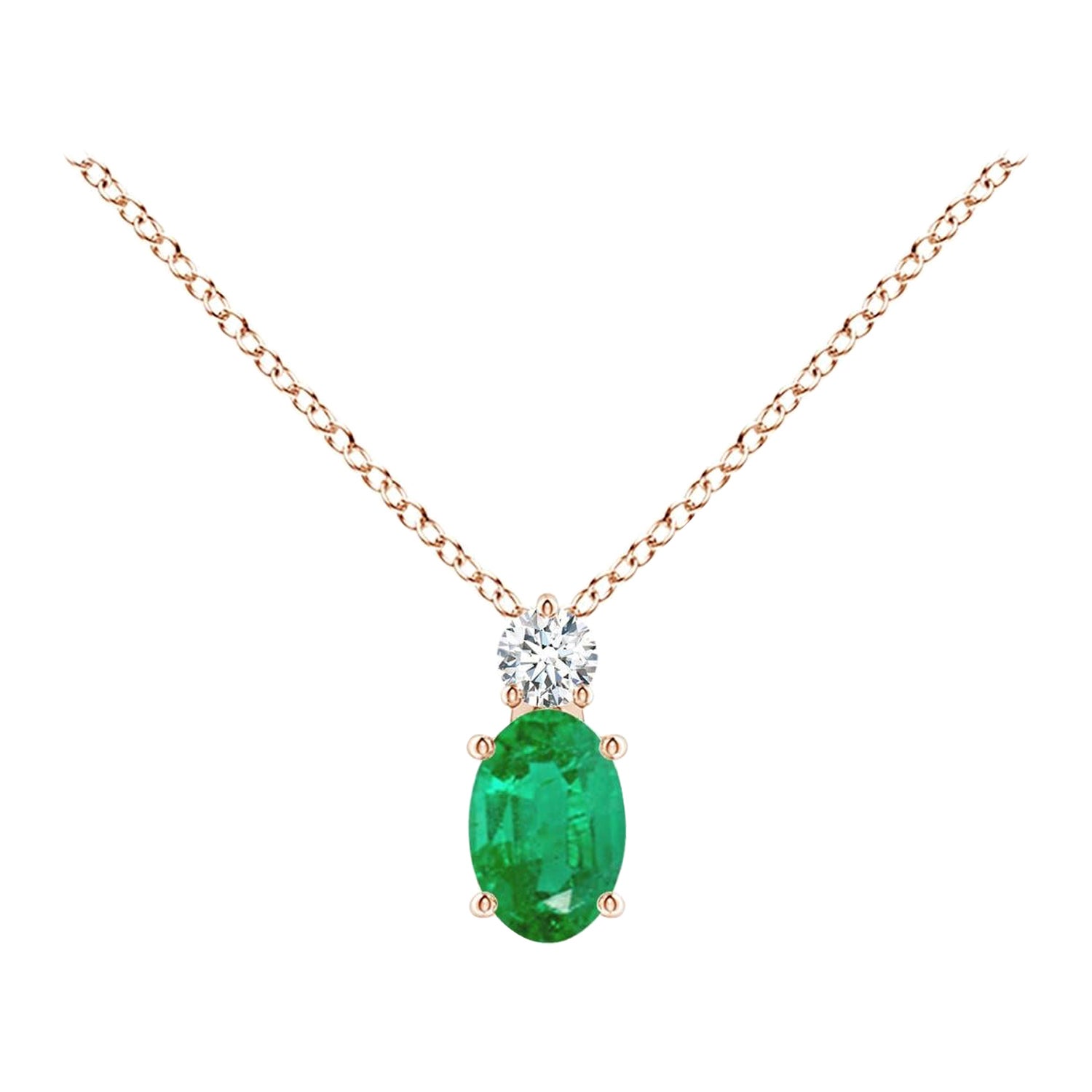 Natural Emerald Solitaire Pendant with Diamond in 14K Rose Gold 6x4mm
