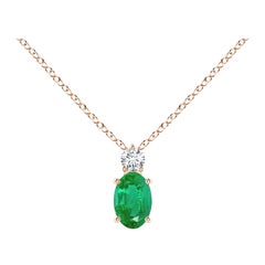 Natural Emerald Solitaire Pendant with Diamond in 14K Rose Gold 6x4mm