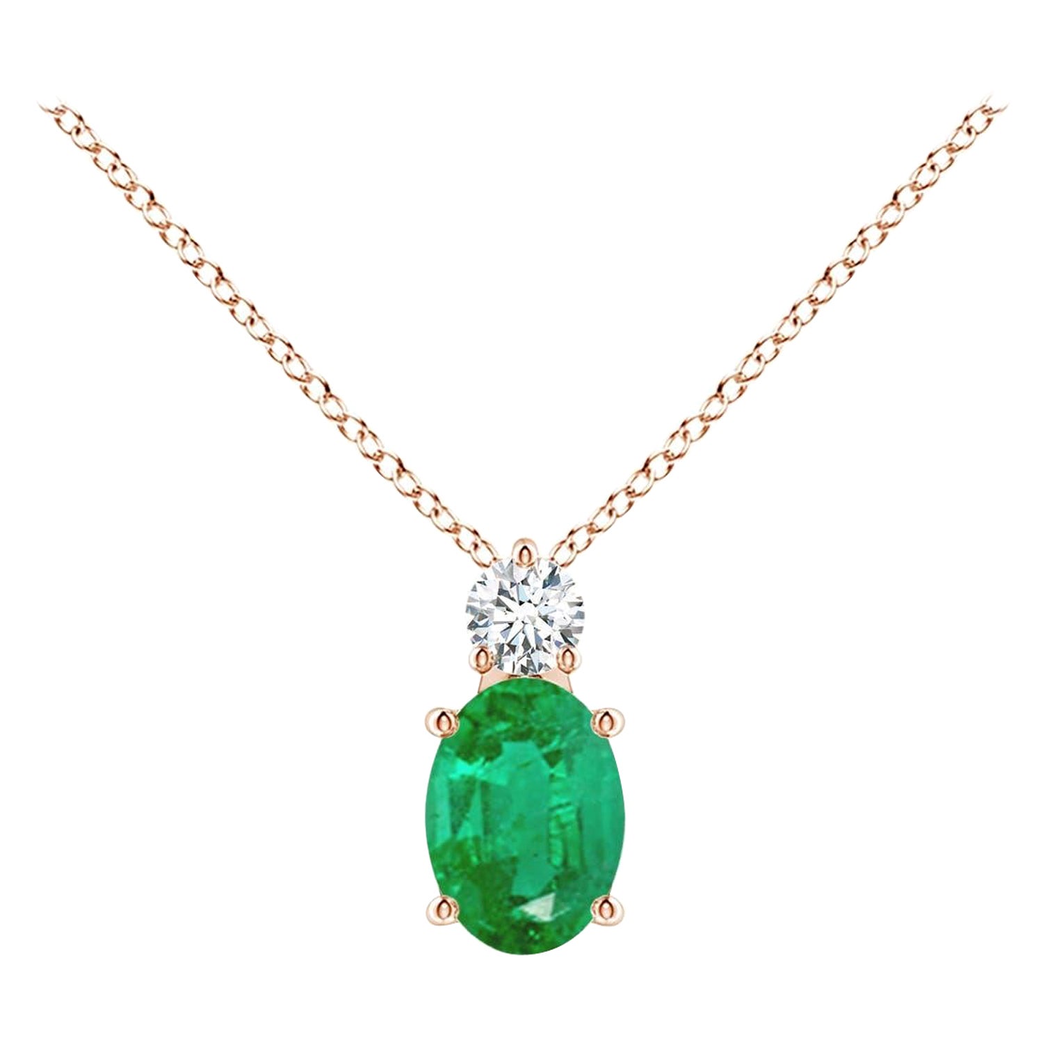 Natural Emerald Solitaire Pendant with Diamond in 14K Rose Gold 7x5mm For Sale
