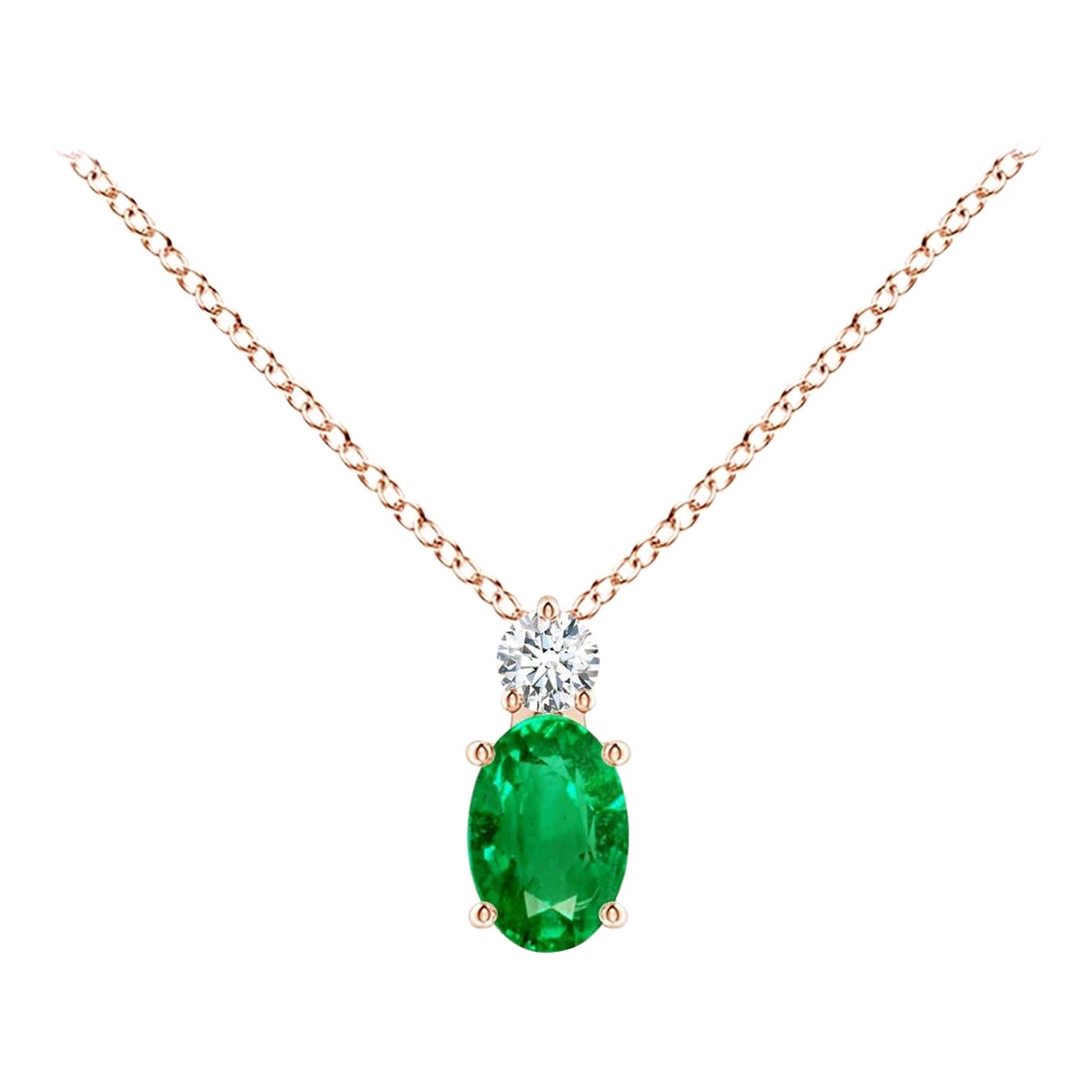 Colgante Solitario de Esmeralda Natural con Diamante en Oro Rosa de 14K 6x4mm