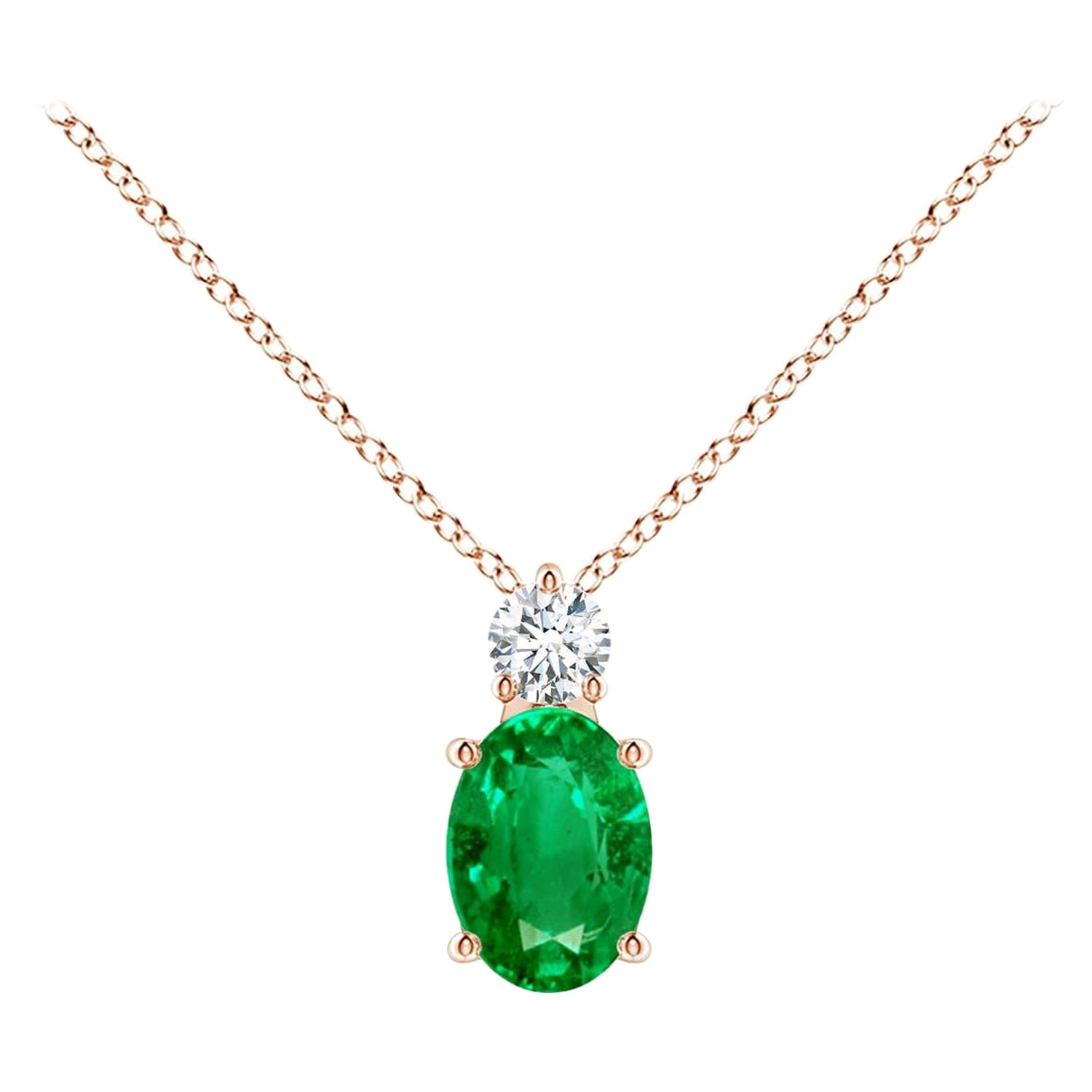 Natural Emerald Solitaire Pendant with Diamond in 14K Rose Gold 7x5mm For Sale