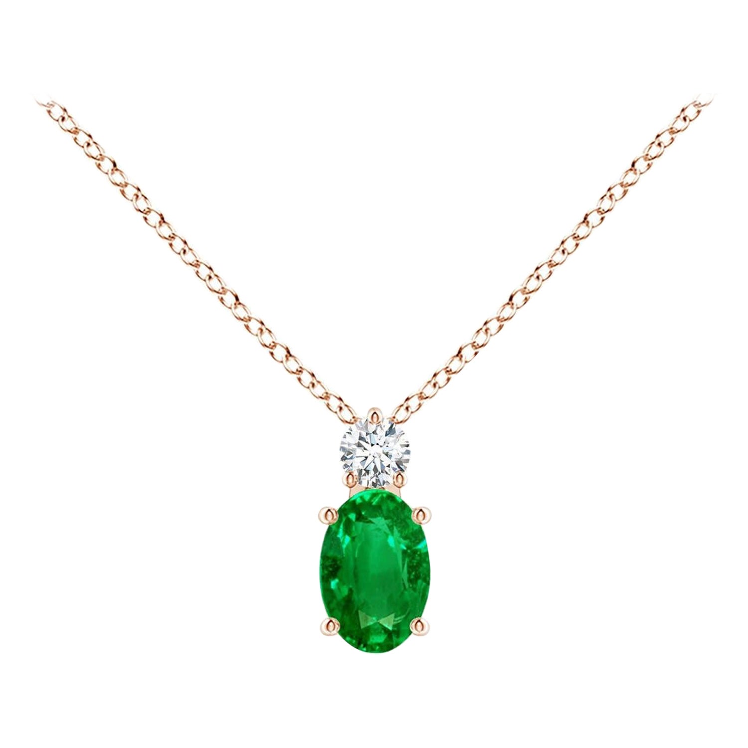 Natural Emerald Solitaire Pendant with Diamond in 14K Rose Gold 6x4mm For Sale