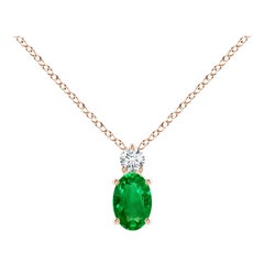 Colgante Solitario de Esmeralda Natural con Diamante en Oro Rosa de 14K 6x4mm