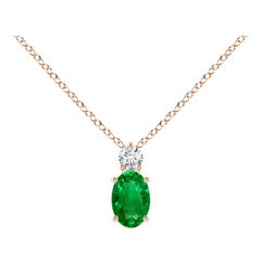 Natural Emerald Solitaire Pendant with Diamond in 14K Rose Gold 6x4mm