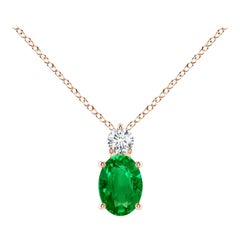 Natural Emerald Solitaire Pendant with Diamond in 14K Rose Gold 7x5mm