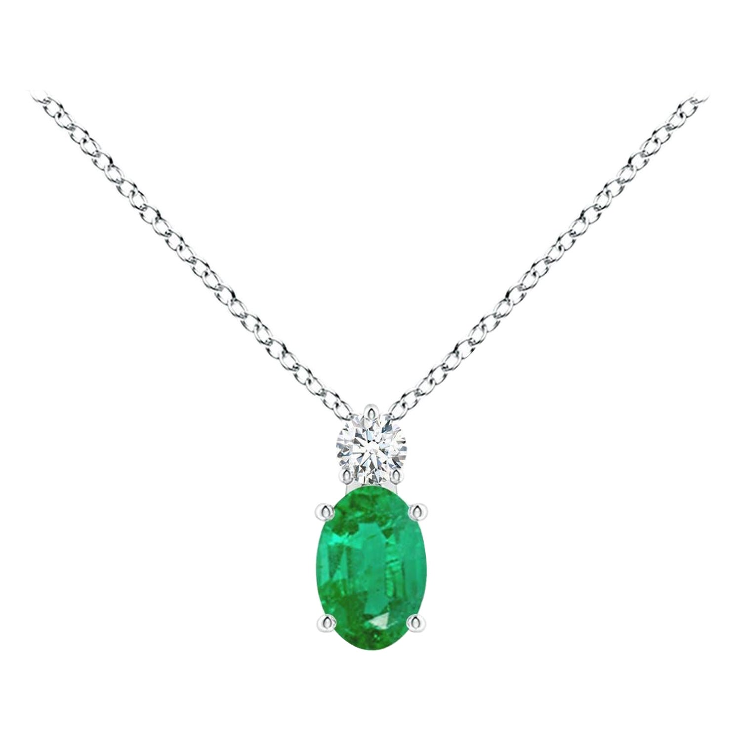 Natural Emerald Solitaire Pendant with Diamond in 14K White Gold 6x4mm For Sale