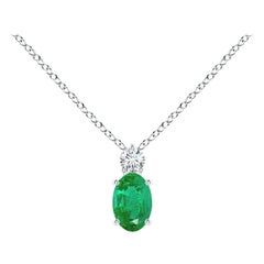 Natural Emerald Solitaire Pendant with Diamond in 14K White Gold 6x4mm