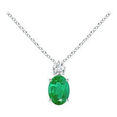 Natural Emerald Solitaire Pendant with Diamond in 14K White Gold 7x5mm