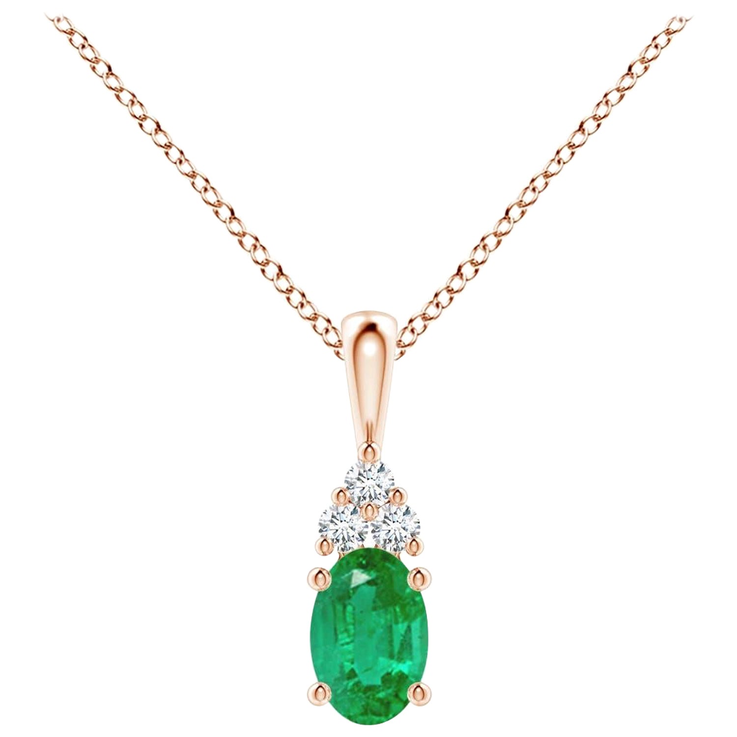 Natural Emerald Solitaire Pendant with Diamond in Rose Gold Size-6x4mm For Sale