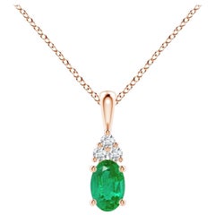 Natural Emerald Solitaire Pendant with Diamond in Rose Gold Size-6x4mm