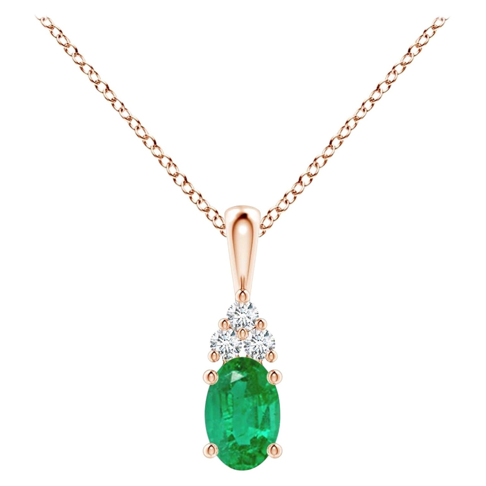Colgante Solitario de Esmeralda Natural con Diamante en Oro Rosa Tamaño-6x4mm